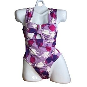 MYNAH Women's Floral Cutout One-Piece Swimsuit Purple Pink Size XL